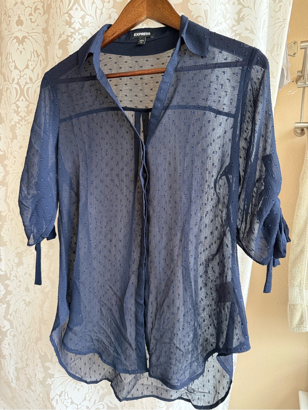 Express Navy Sheer Button-Down Blouse